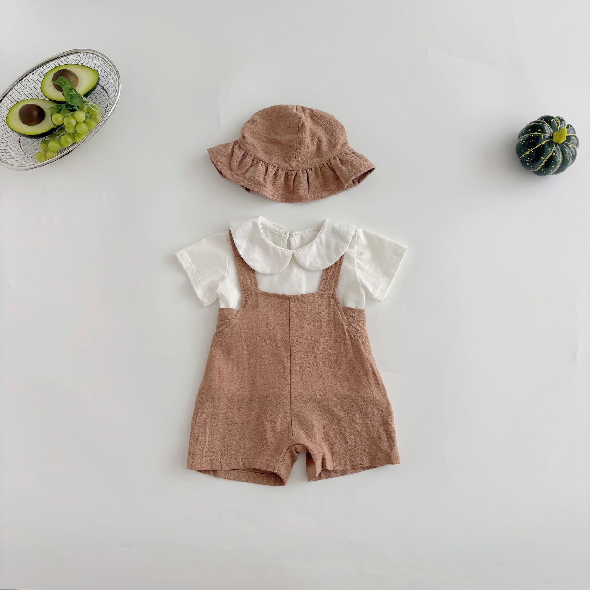 Summer Hot Selling Baby Kids Unisex Sleeveless Simple Plain Strap Rompers Overalls and White T-Shirt Clothing Set