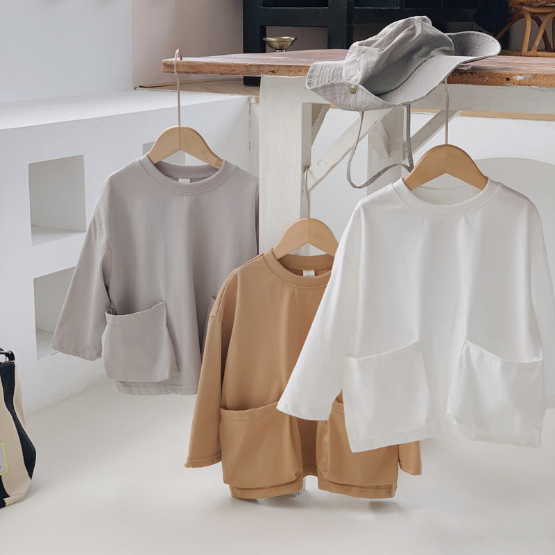 Autumn Arrival Baby Kids Unisex Comfortable Solid Color Pocketed Long Sleeves Top