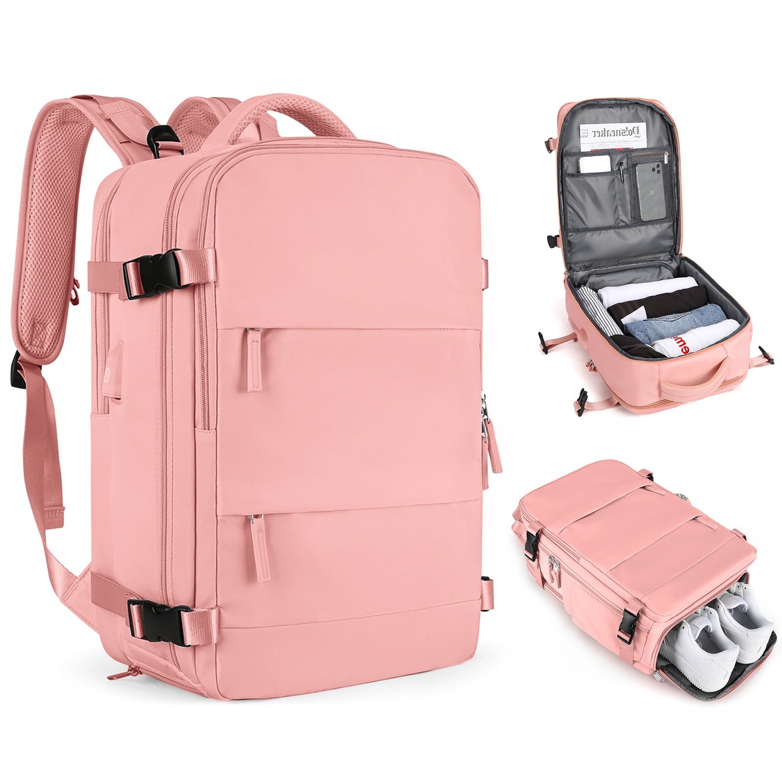 Multifunktionell Reseryggsäck 35L – Skofack, 180° öppning & handbagage