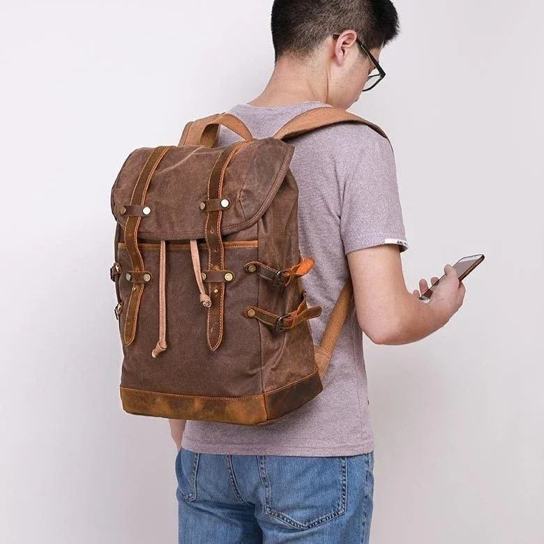 Retro Leather & Canvas Backpack For Men