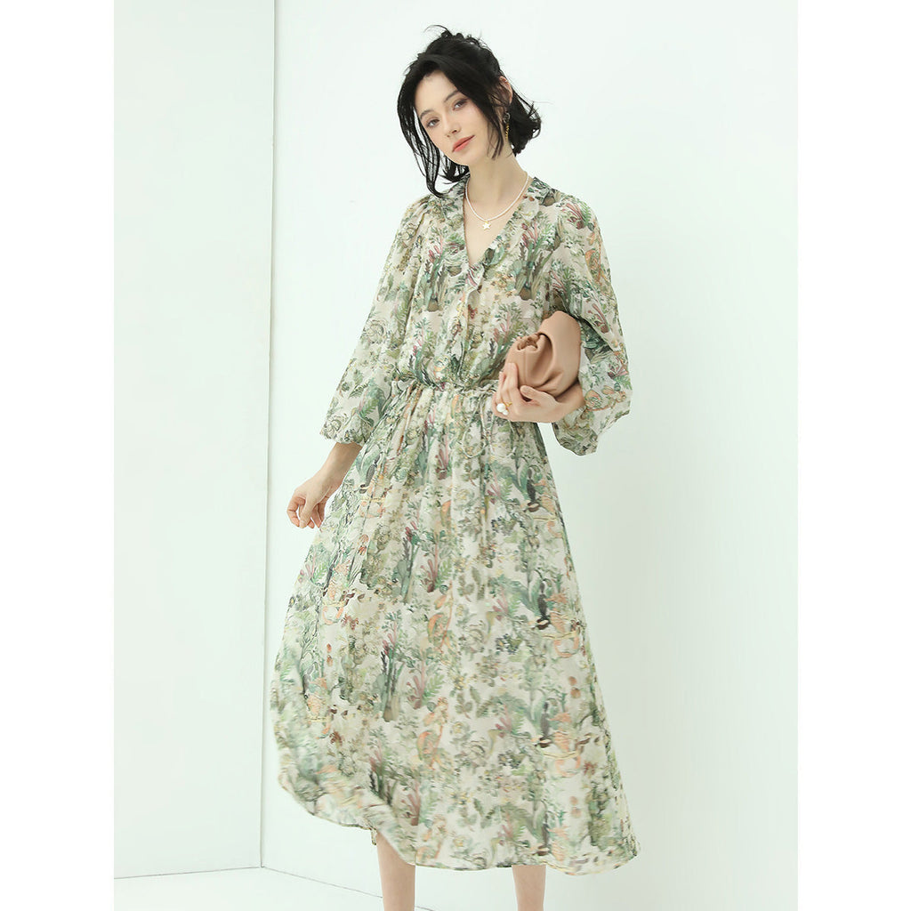 Romantic Floral Long Sleeved Floral Green Midi Dress-1