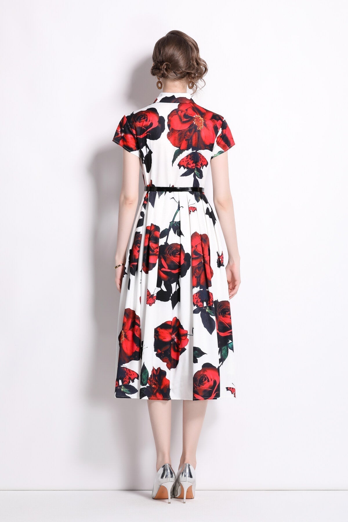 Romantic Rose Lapel Collar Shirt Dress-3