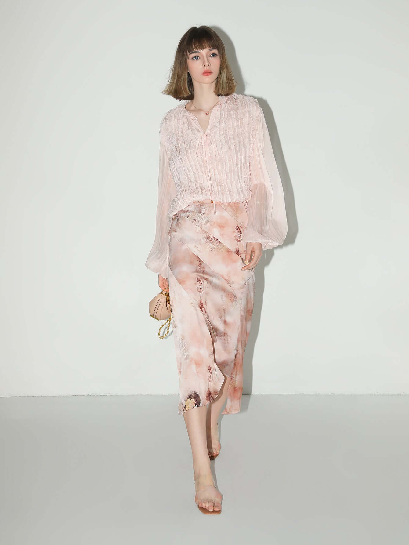 Romantic Soft Pink Blouse with Bubble Sleeves-2