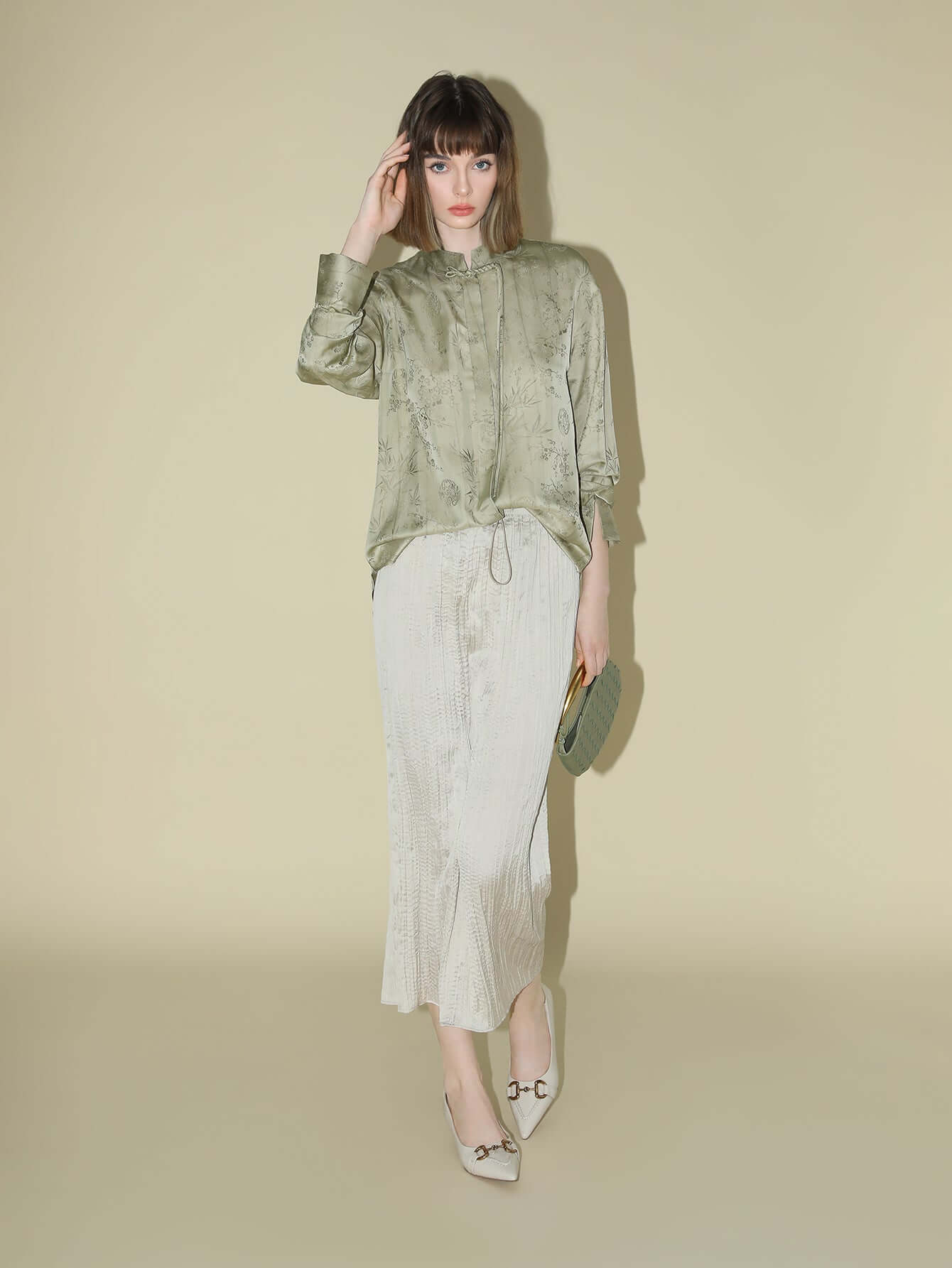 Satin Champagne Pleated Flowing A-Line Skirt-2