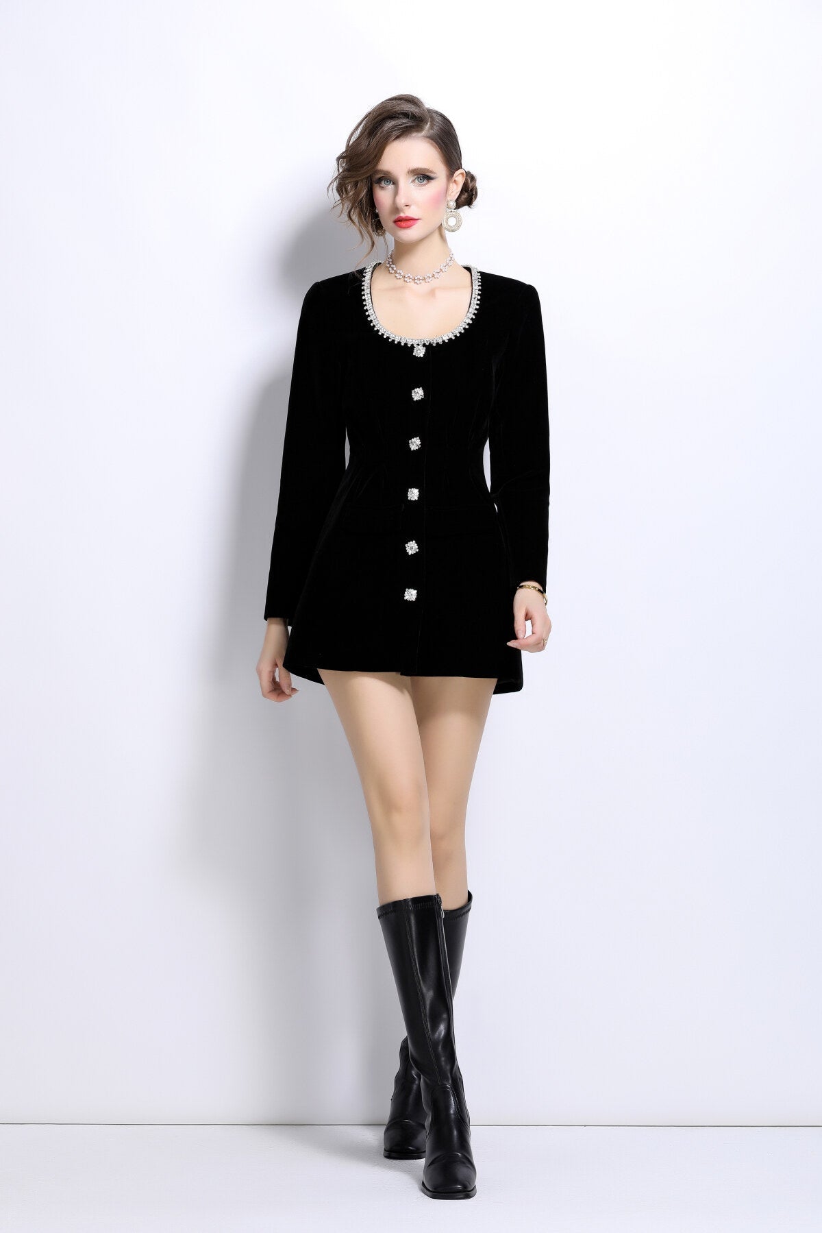 Scoop Neck Button Down Long Sleeve Coat Dress