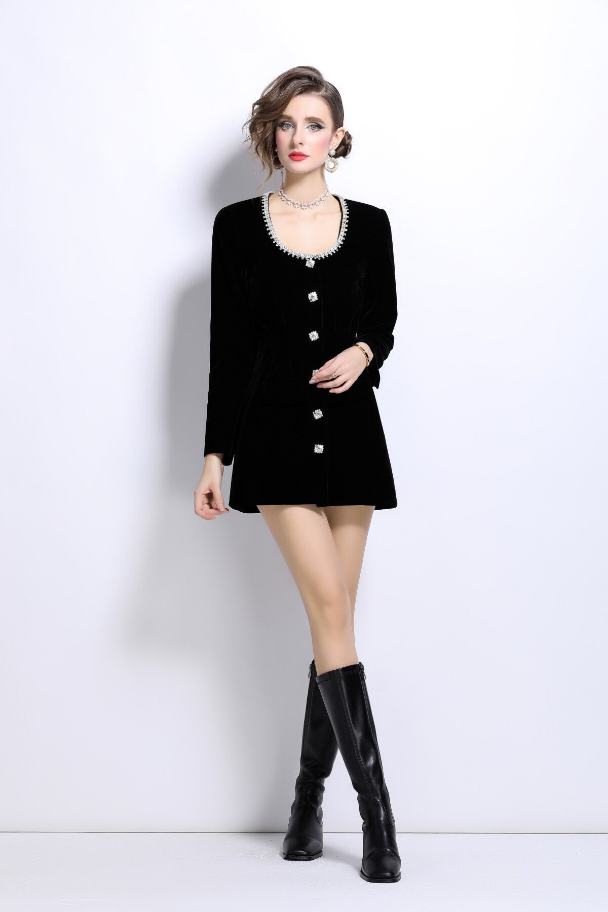 Scoop Neck Button Down Long Sleeve Coat Dress