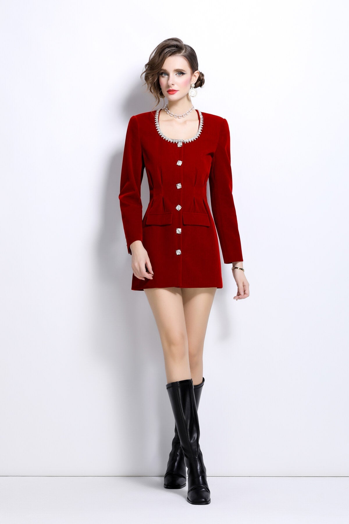 Scoop Neck Button Down Long Sleeve Coat Dress