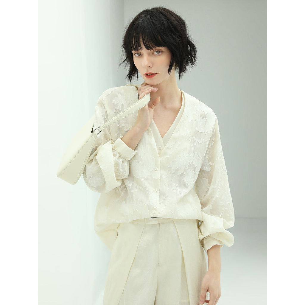 Sheer Floral Ivory Lace Long Sleeve Shirt-0