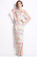 Short Sleeve Double Layer Sheer Rainbow See Through Dress