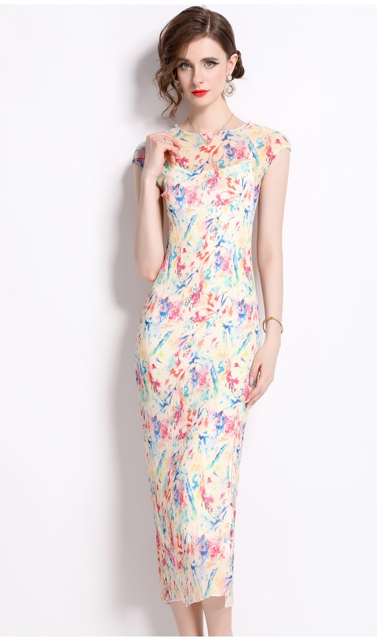 Short Sleeve Double Layer Sheer Rainbow See Through Dress