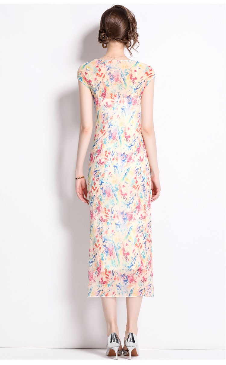 Short Sleeve Double Layer Sheer Rainbow See Through Dress-3