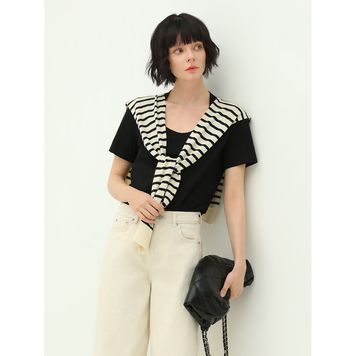 Short Sleeved Black Tee with Striped Shawl-2