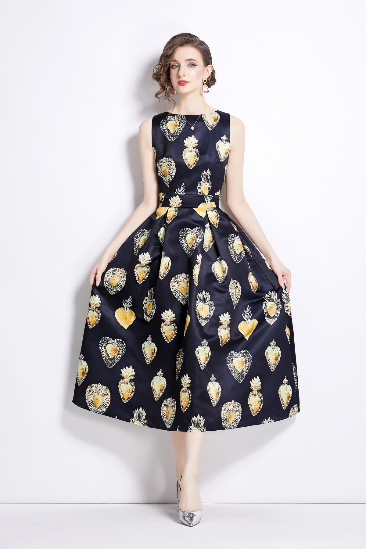 Sleeveless High Waisted A Line Tea Dress-2