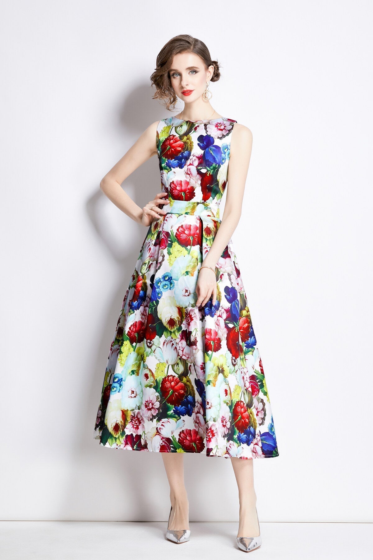 Sleeveless High Waisted Structured Cut A Line Dress
