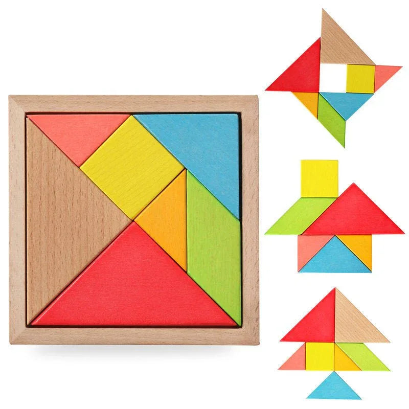Small Tangram Colored Wooden Building Blocks Shape Cognitive Jigsaw Puzzle Educational Toy