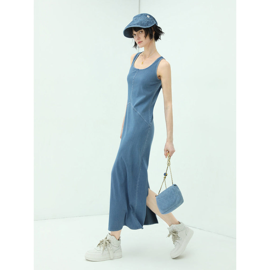 Sporty Scoop Neck Blue Denim Tank Dress-2