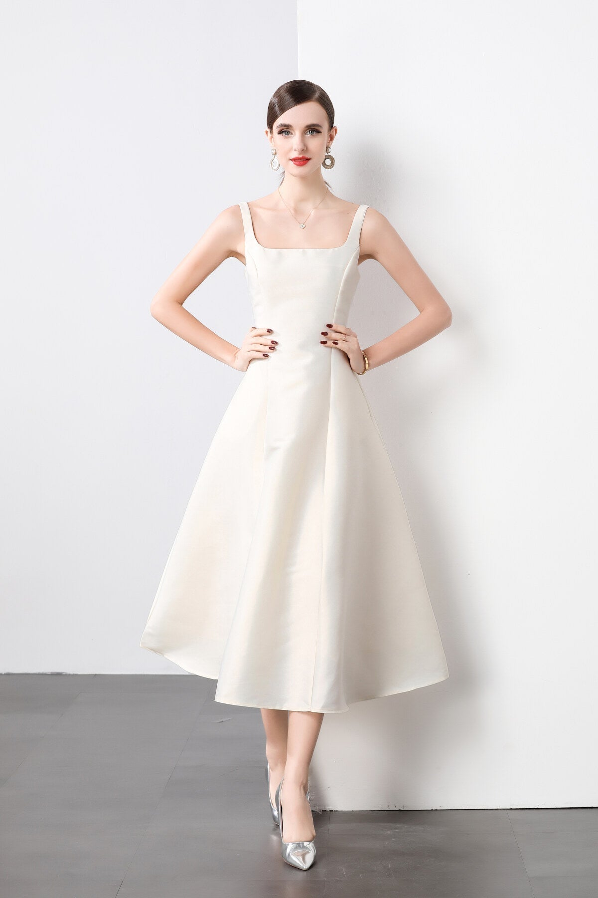 Square Neck Thick Strap Long Flared Ballerina Dress