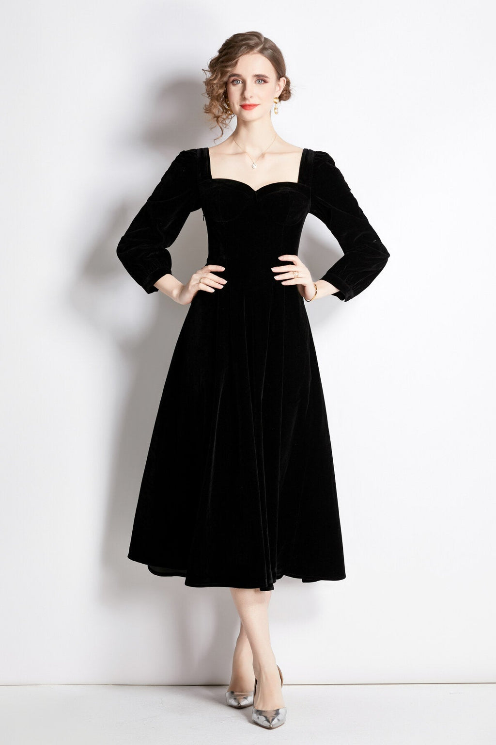 Square Sweetheart Neckline Vintage Velvet Dress-0