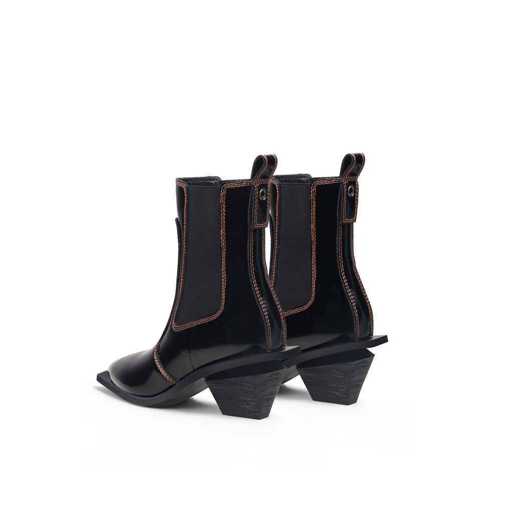 Stitch Pattern Black Leather Boots-4