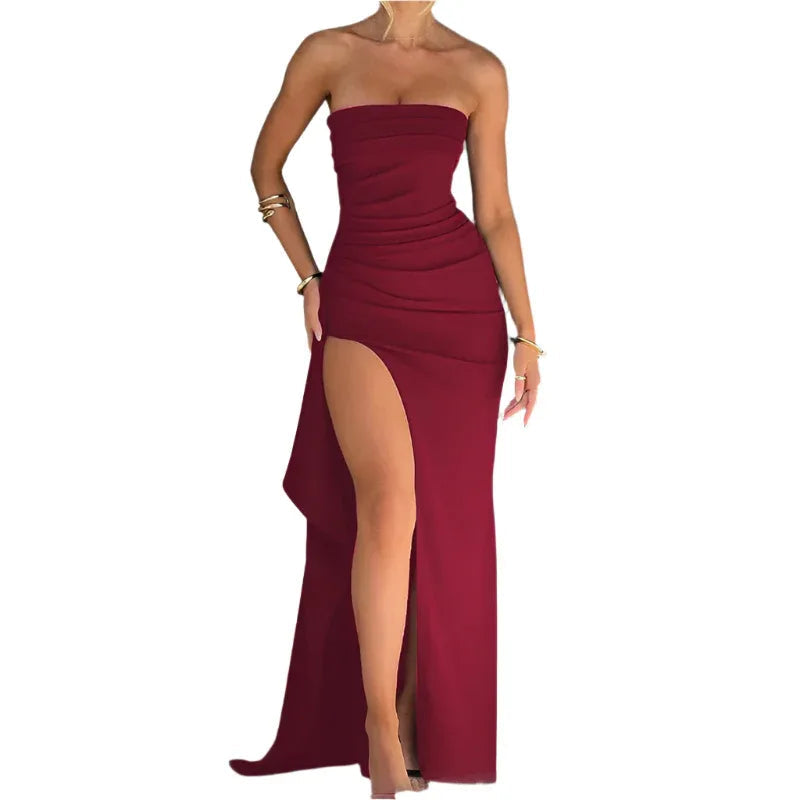 Strapless Long Split Bridesmaid Wedding Party Dress For Women
