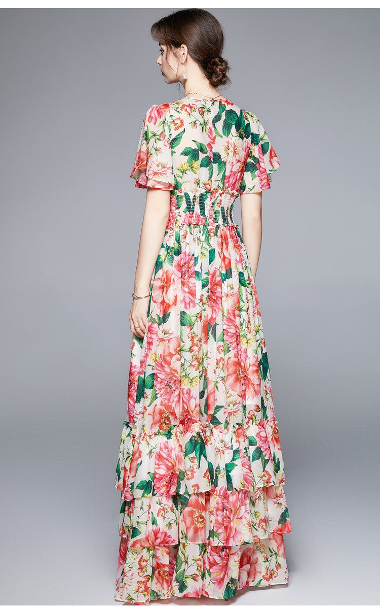 Stretchy Floral V Neck Ruffled Waist Maxi  Dress-3