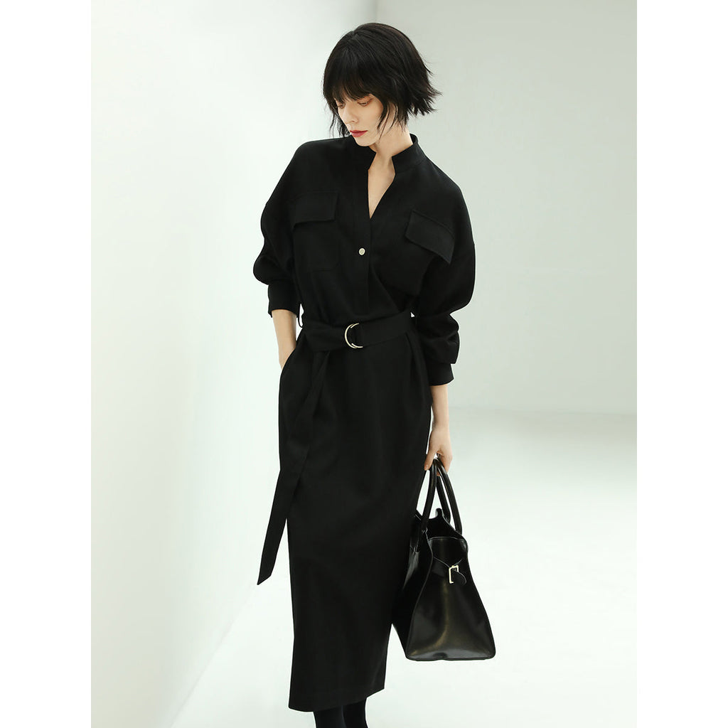 Structured Belted Black Shirt Dress-2
