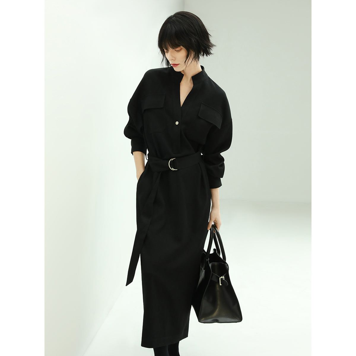 Structured Belted Black Shirt Dress-2