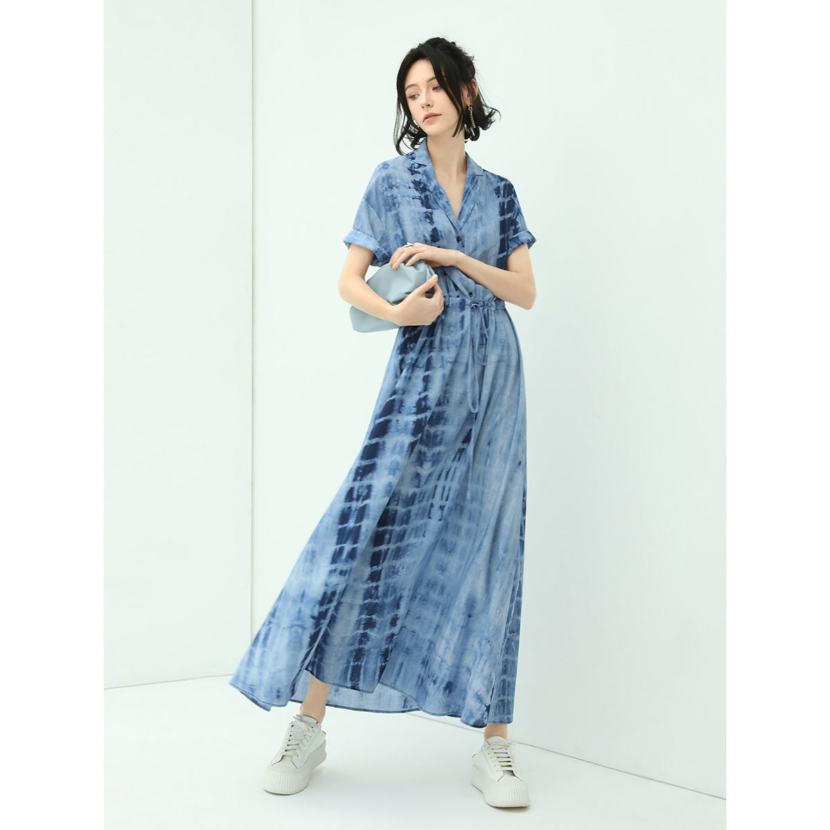 Summery Tie Dye Flowy Blue Shirt Dress-0