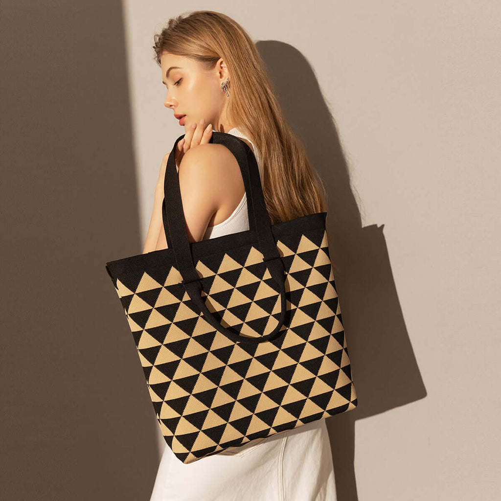 Triangle Checkered Khaki Canvas Tote Bag-3