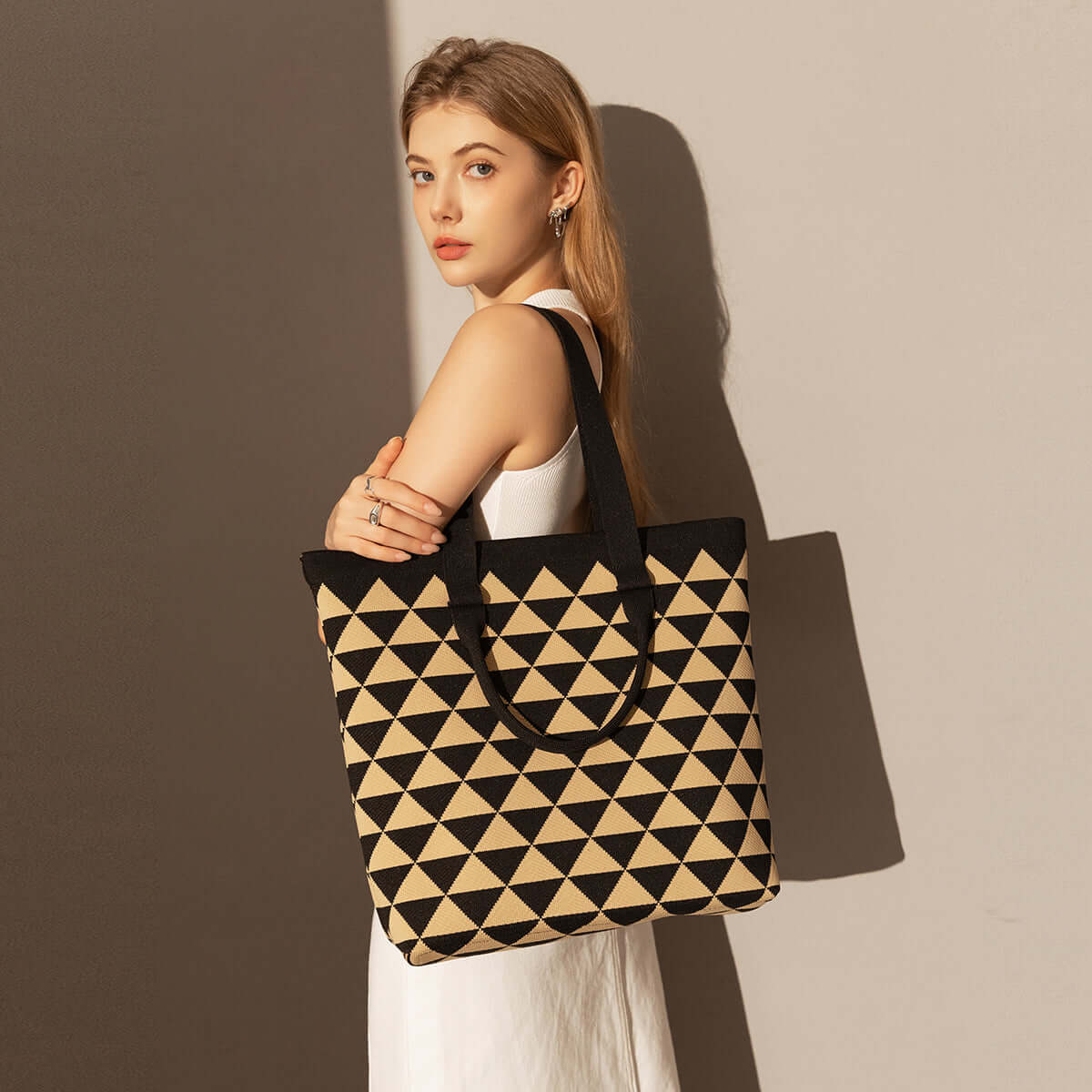 Triangle Checkered Khaki Canvas Tote Bag-4