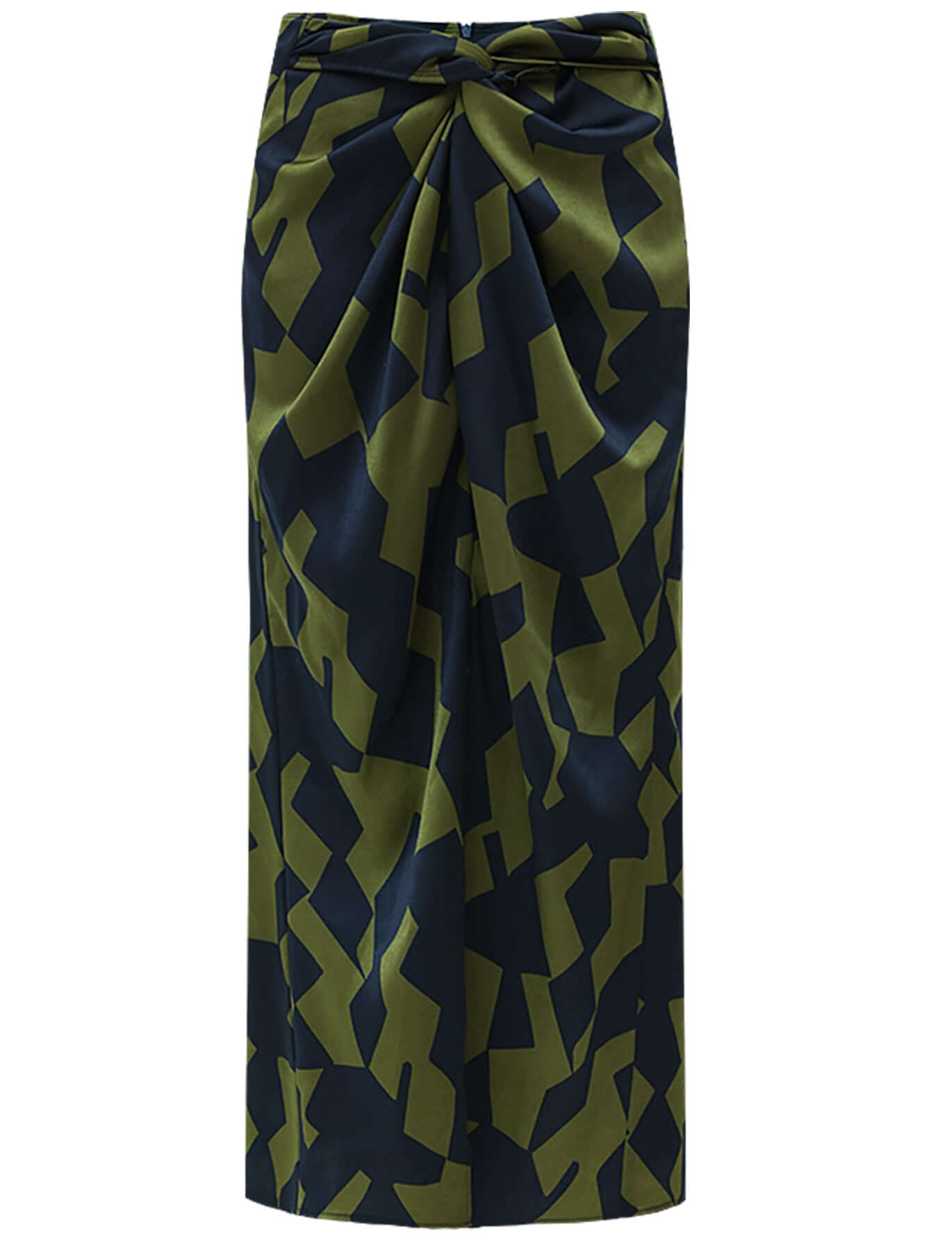 Twisted Front Green Geometric Green Midi Skirt with Front Slit-3