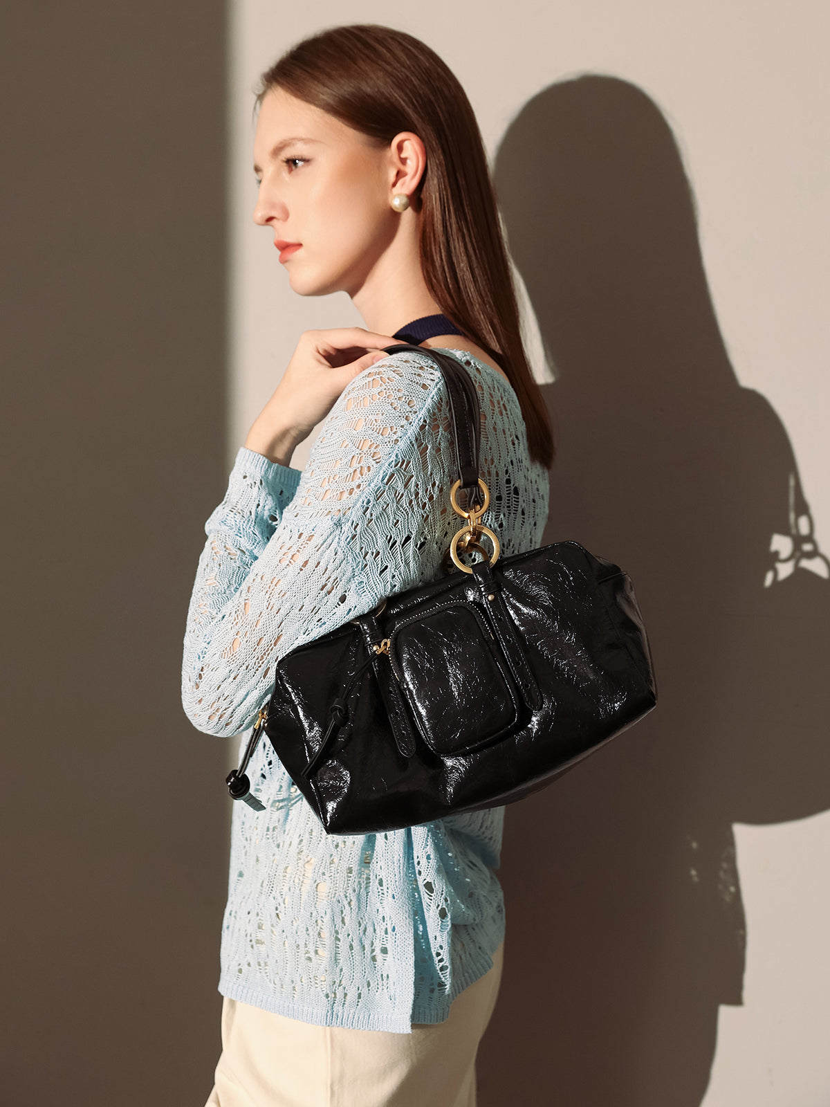 Two Way Shiny Wrinkled Leather Shoulder Bag-2