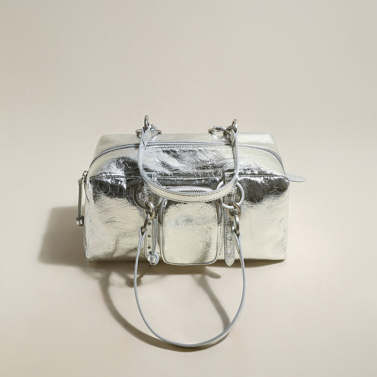 Two Way Shiny Wrinkled Leather Shoulder Bag-4