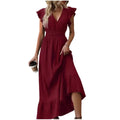 V-Neck Ruffled Sleeve Solid Color Leisure Dress
