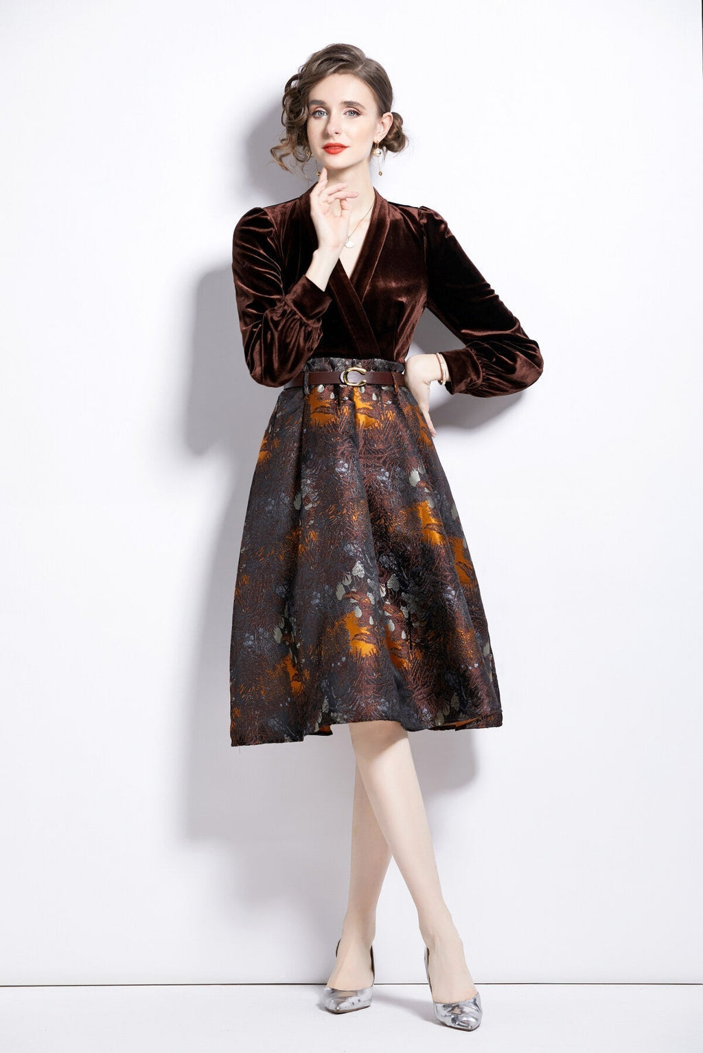 V Neck Velvet Patchwork Coffee Jacquard A Line Dress-0