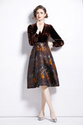 V Neck Velvet Patchwork Coffee Jacquard A Line Dress-0