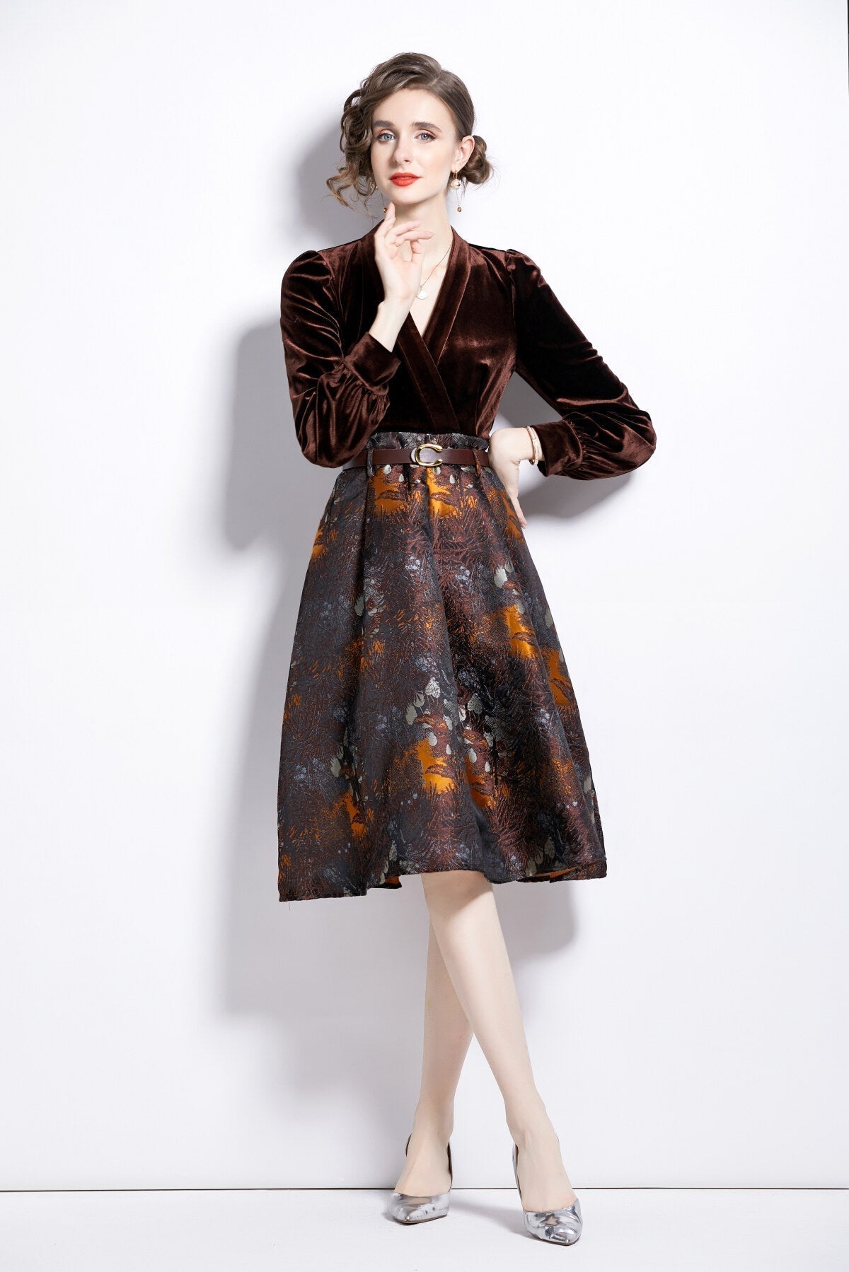 V Neck Velvet Patchwork Coffee Jacquard A Line Dress-0