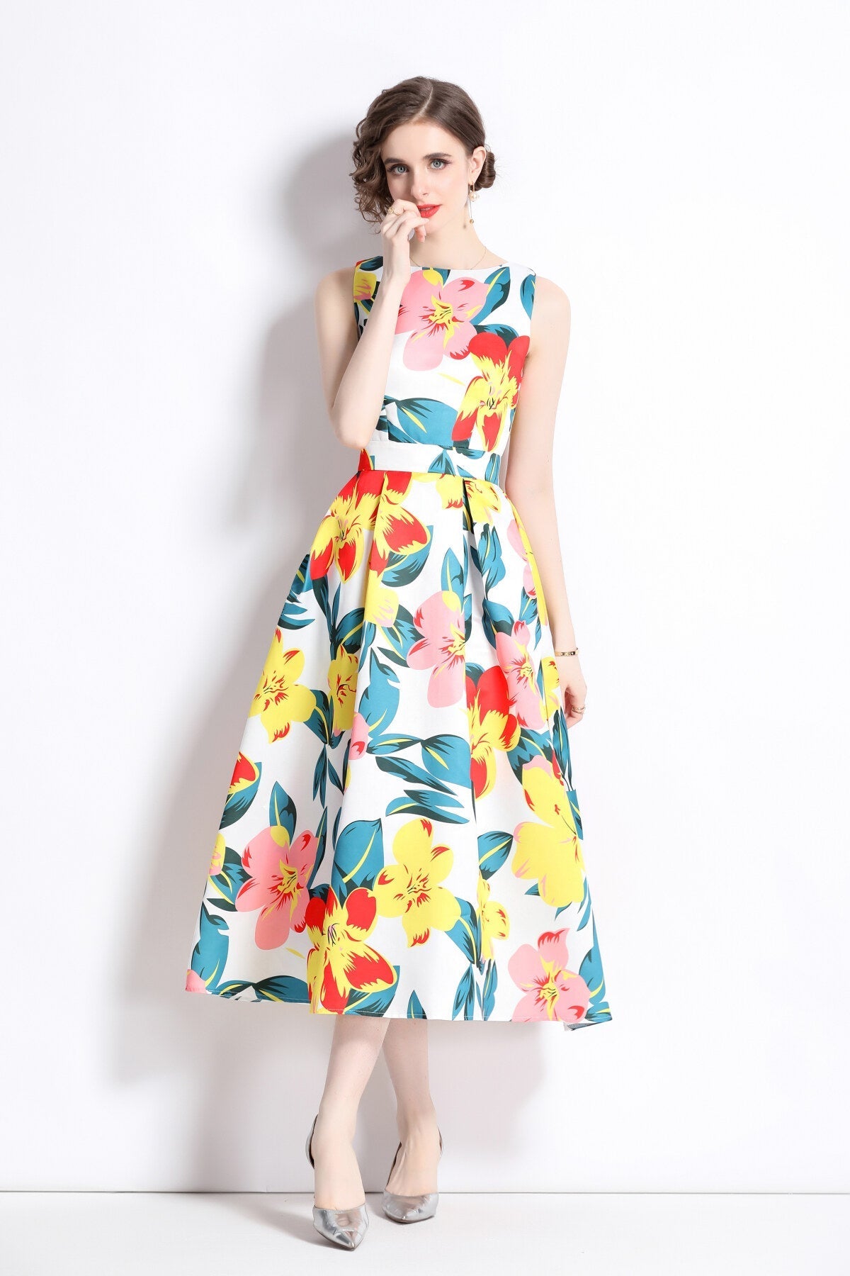 Vibrant Abstract Fitted Waist A Line Dress