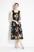 Vintage Black Floral High Waisted Spaghetti Strap Dress
