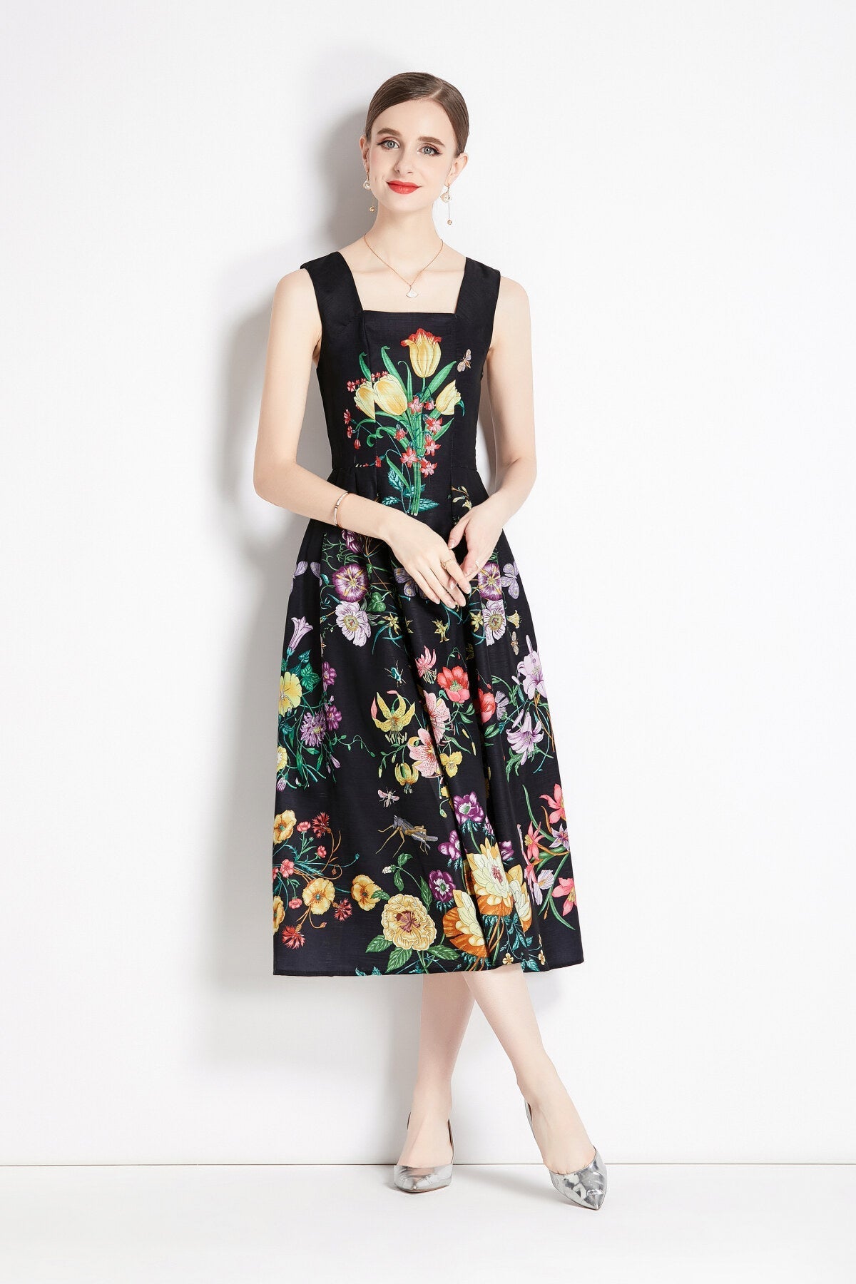 Vintage Black Floral High Waisted Spaghetti Strap Dress