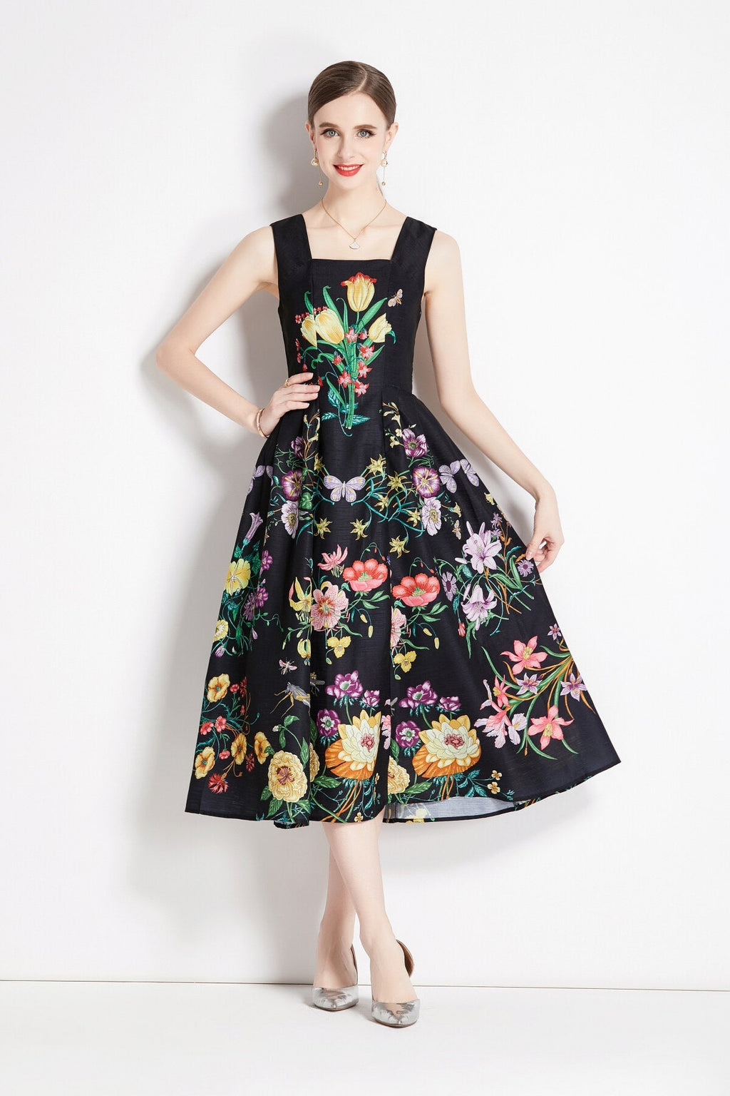 Vintage Black Floral High Waisted Spaghetti Strap Dress