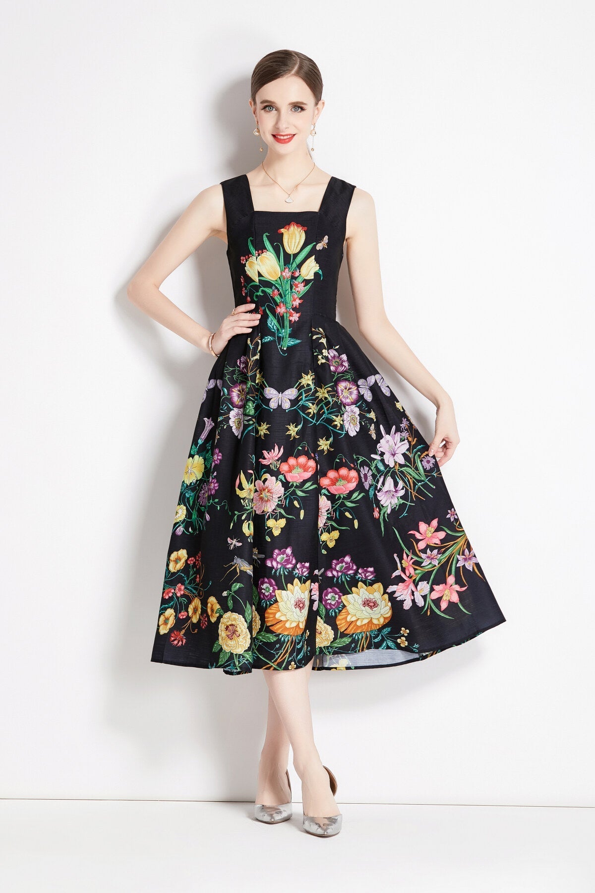 Vintage Black Floral High Waisted Spaghetti Strap Dress