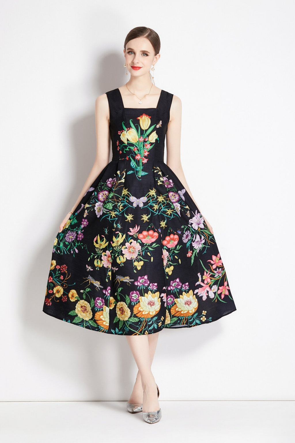 Vintage Black Floral High Waisted Spaghetti Strap Dress