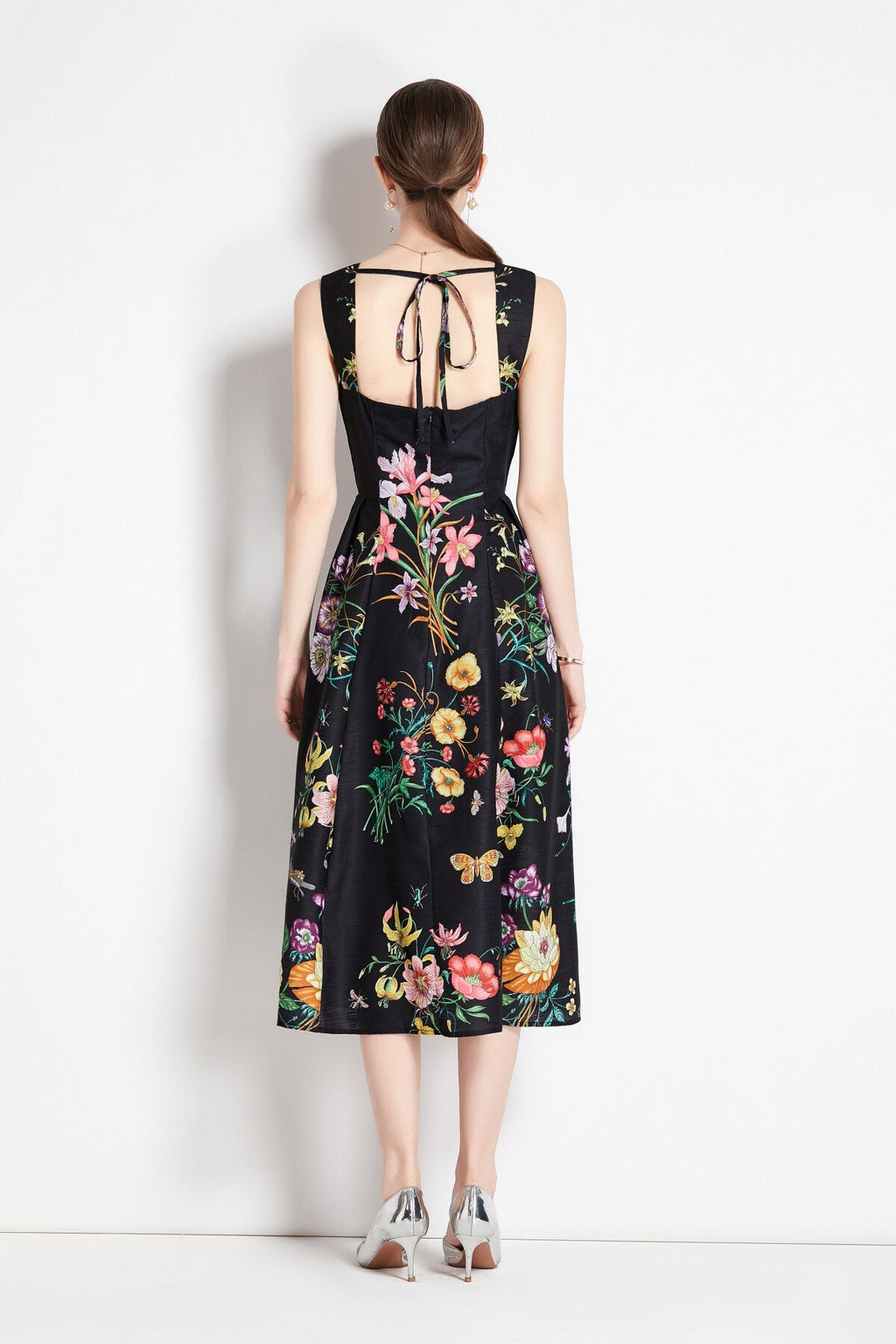 Vintage Black Floral High Waisted Spaghetti Strap Dress