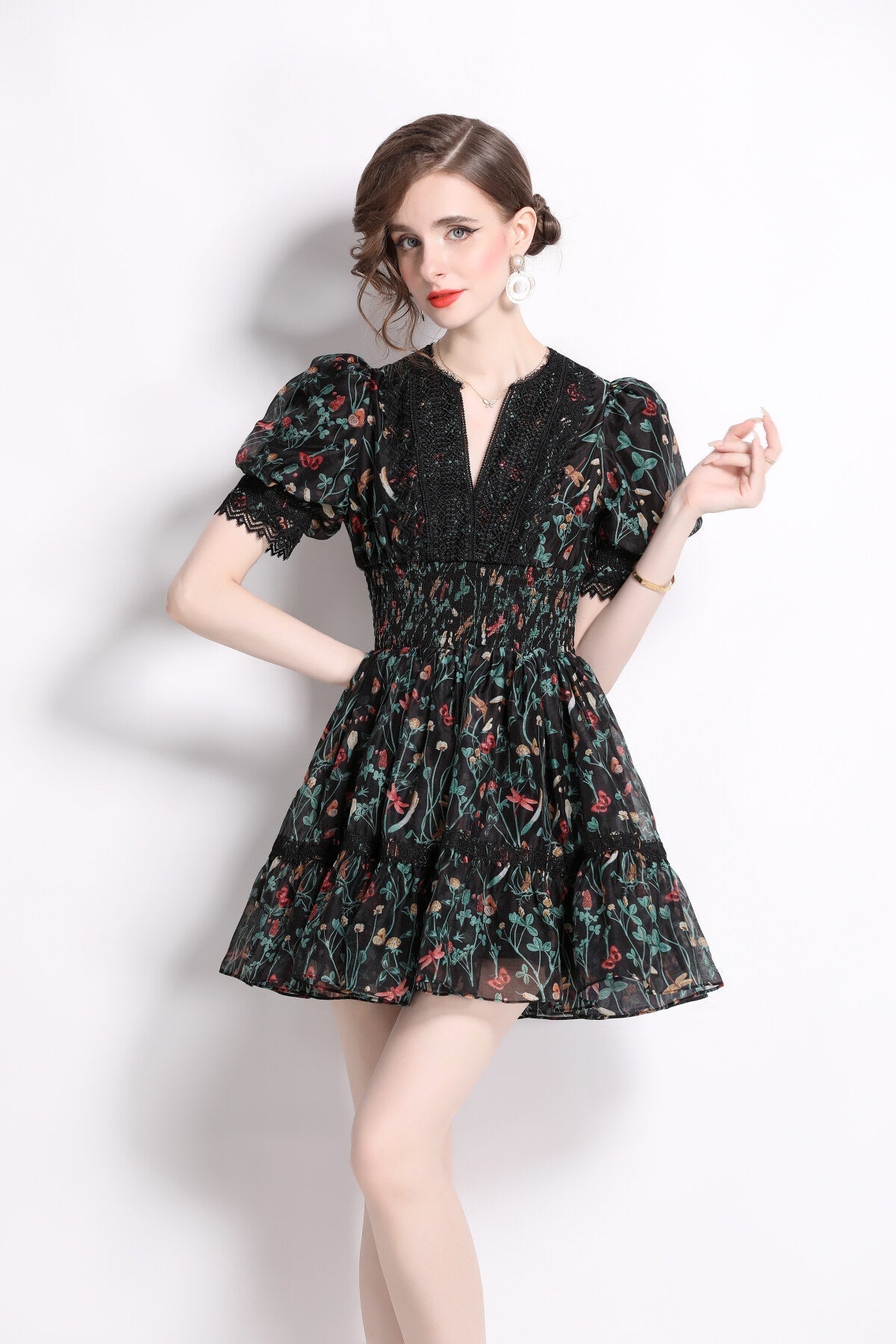 Vintage Floral V Neck Puff Sleeve Tea Dress-1
