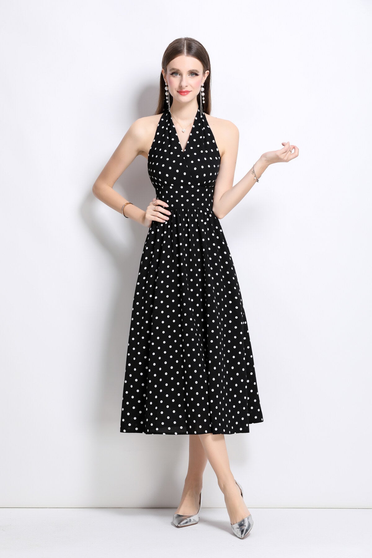 Vintage Halter Polka Dot Sleeveless Fitted Maxi Dress