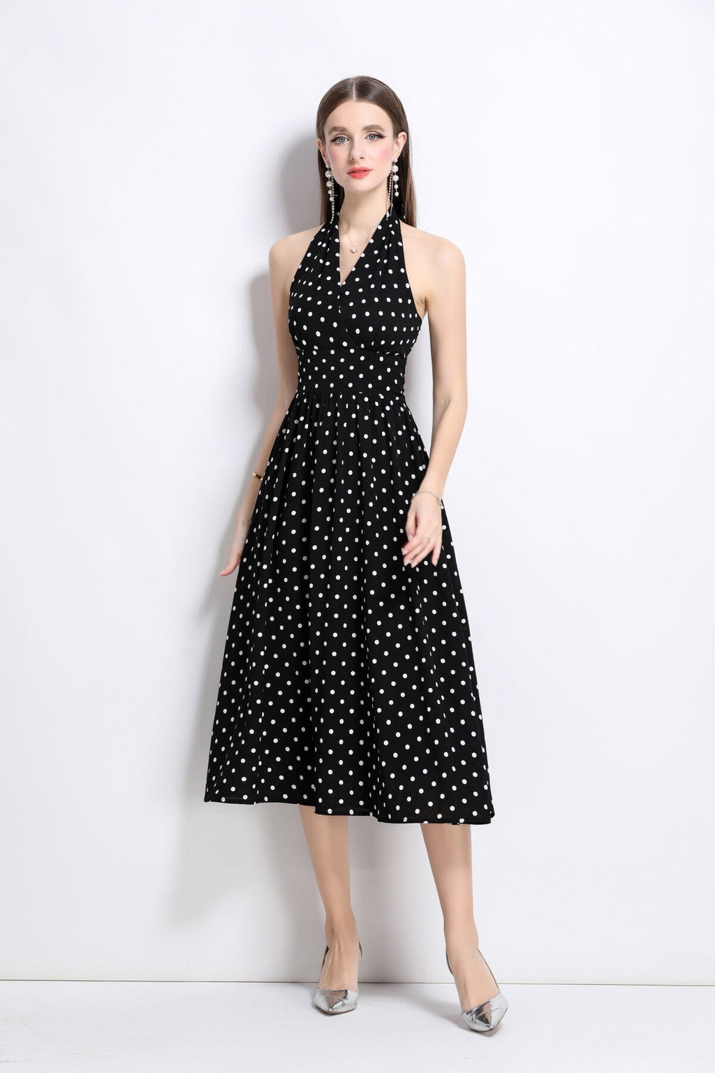 Vintage Halter Polka Dot Sleeveless Fitted Maxi Dress