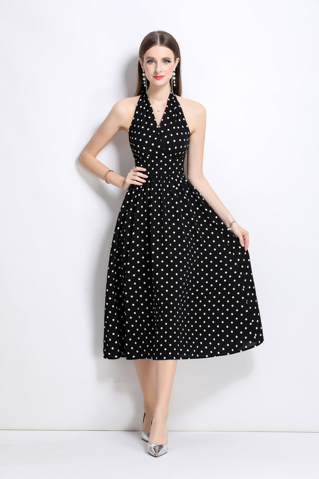 Vintage Halter Polka Dot Sleeveless Fitted Maxi Dress