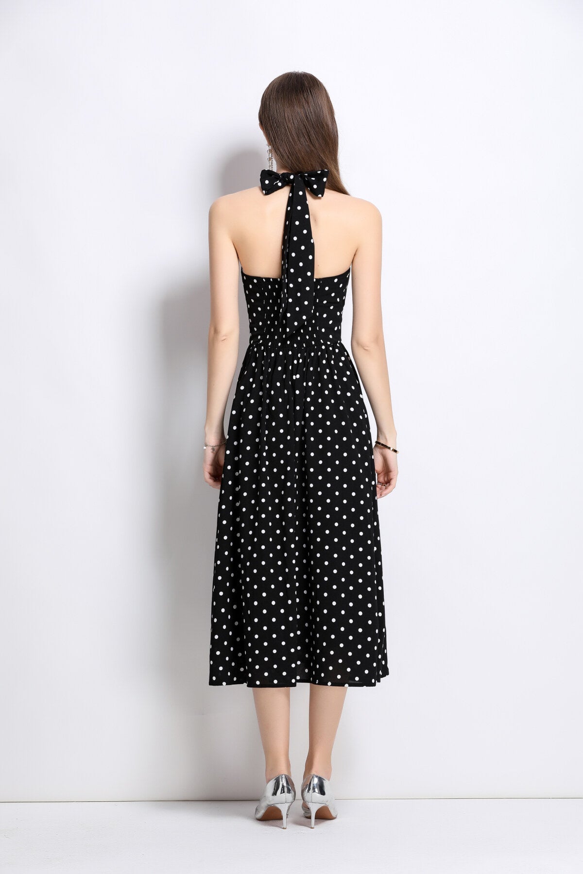Vintage Halter Polka Dot Sleeveless Fitted Maxi Dress