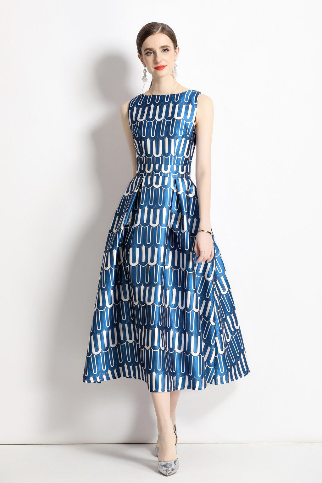 White and Blue Slim Fit A Line Tea Dress-0
